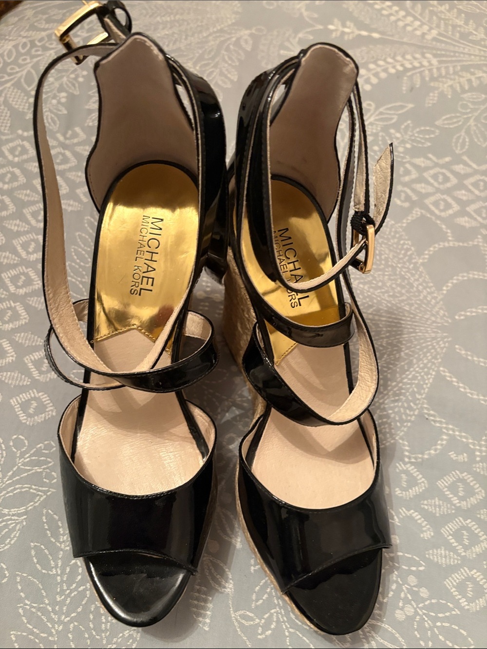 Michael Kors Black Patent Leather Espadrille Wedge Sandals- Like New!!